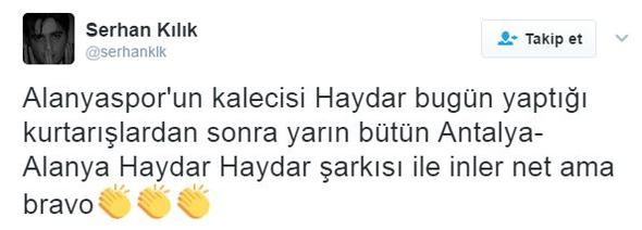 Haydar maç sonunda yaptığı açıklamada, "Bu maçın böyle geçeceğini biliyorduk. Gol yememek için maça başladık. Trabzonspor çıkış yakalamış bir ekip. Öyle maçlara bir kaleci olarak daha iyi konsantre oluyorsun. Toplar geldikçe özgüven ve konsantrasyon artıyor. Maçta şans da benim yanımdaydı. 1 puan Alanya halkına armağan olsun." ifadelerini kullandı.