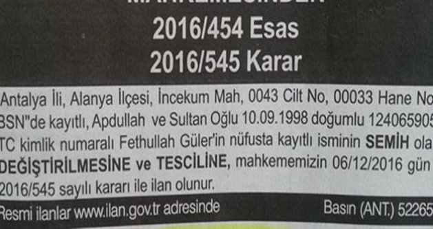 Fethullah ismini değiştirdi