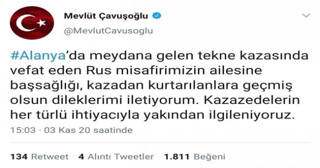 Bakan Çavuşoğlu: “Rus misafirimizin ailesine başsağlığı, kazadan kurtarılanlara geçmiş olsun dileklerimi iletiyorum”