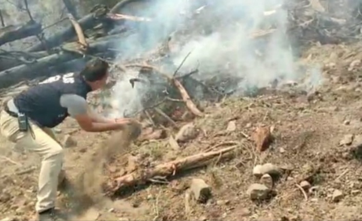 Polis avuç avuç kumla ormanda yükselen alevleri söndürmeye çalıştı