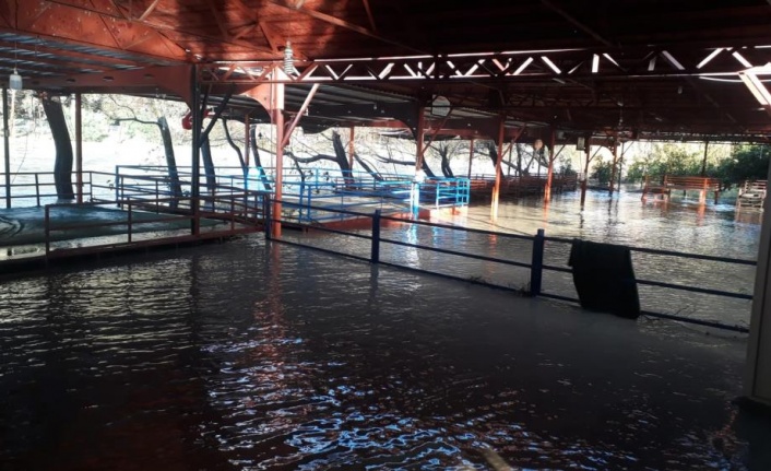 Şiddetli yağış ırmak kenarındaki restoranları sular altında bıraktı