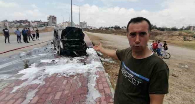 Yanan aracın sürücüsü canını zor kurtardı