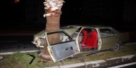 Palmiye ağacına çarpan otomobil hurdaya döndü