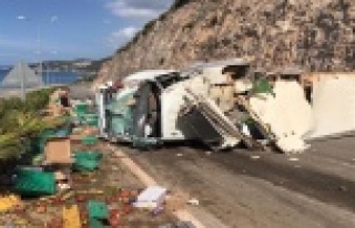 Antalya'da gıda yüklü kamyon devrildi: 1 yaralı