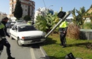 Fren yerine gaza basınca trafik lambasını devirdi