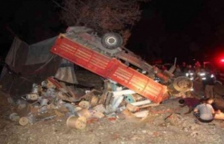 Freni boşalarak şarampole devrilen kamyon ağaçta...